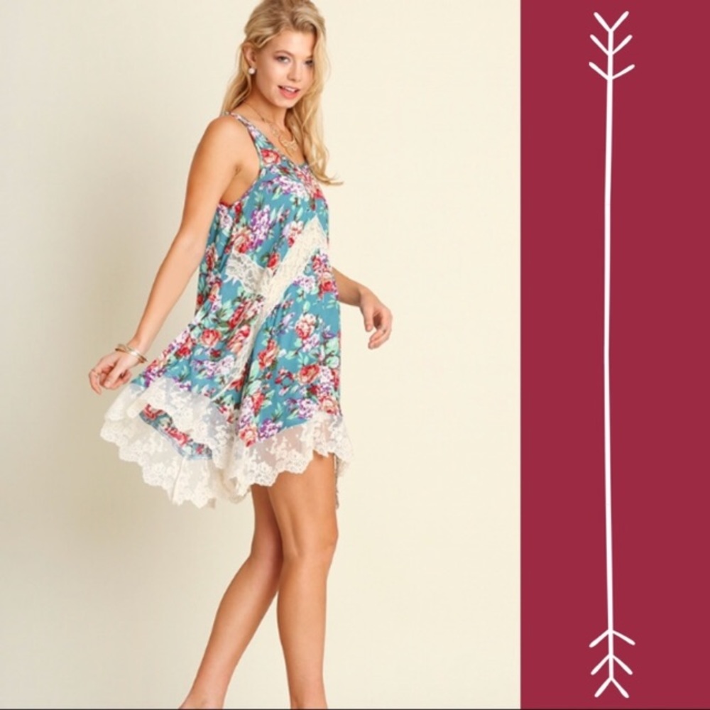 Umgee Floral Print Sleeveless Lace Trapeze Dress - Picture 2 of 6